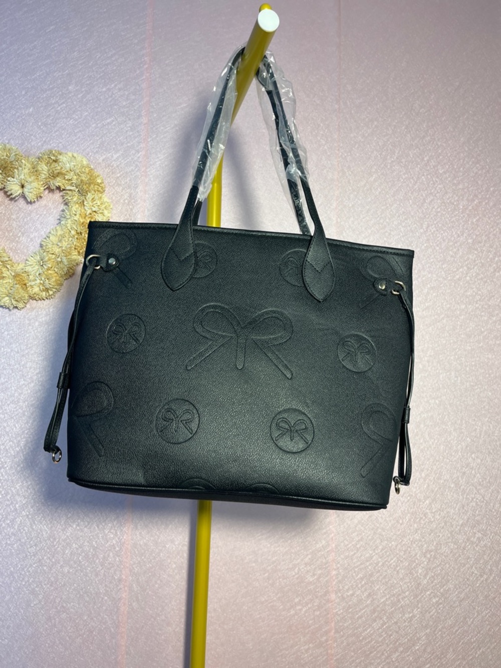Ruby Ribbon Black Embossed Bow Tote Bag